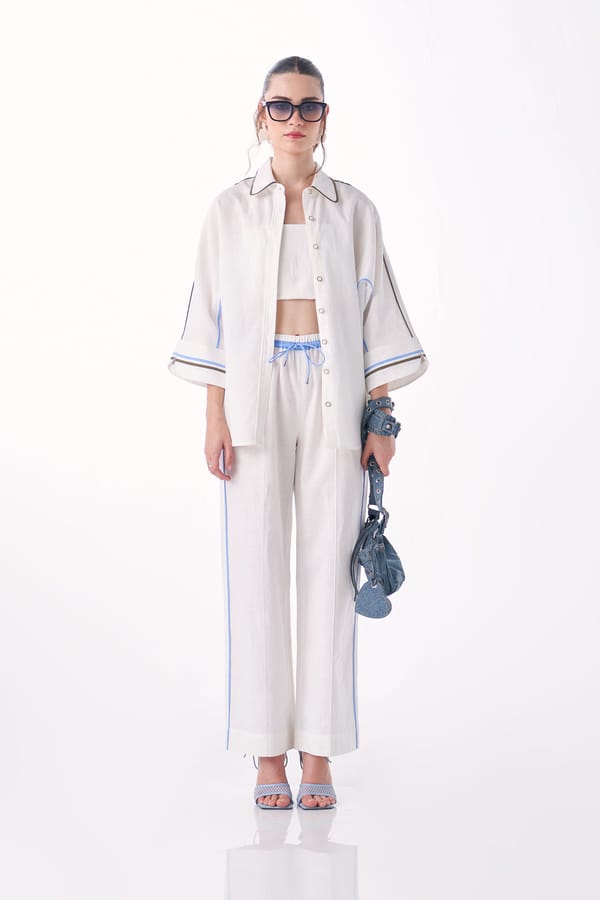 White Cotton-Linen 3-Piece Co-ord Set with Bralette — Our Love