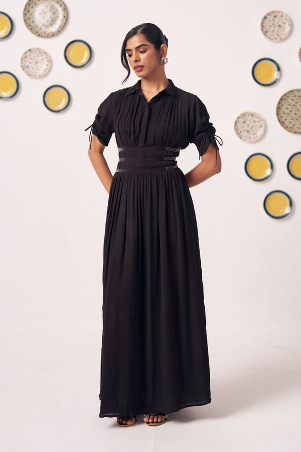 Noctis Black Pleated Maxi Dress with Waist Detail — Western Era