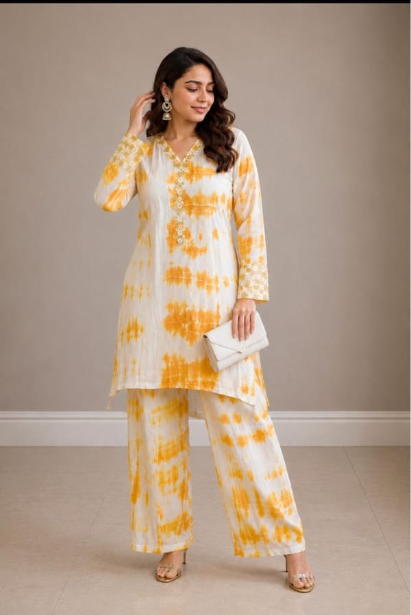 Tie & Dye Yellow colour  with Mirror work on pure modal satin  with full cuff sleeves  with palazzo pants — SMAYA by Monica