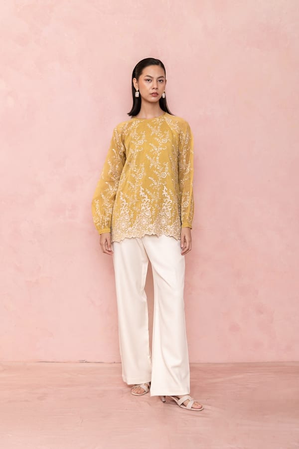 Mustard Yellow Organza Schiffli Embroidered Long Tunic — LABEL NAARITI