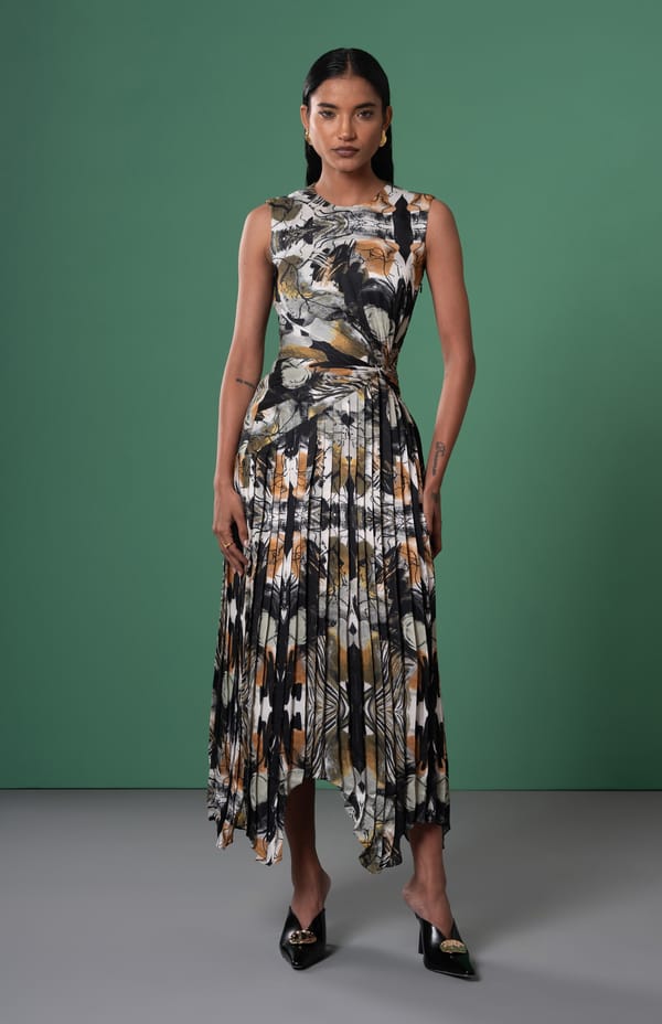 Multicolor Abstract Printed Pleated Maxi Dress with Knot Detail — ADVAIT
