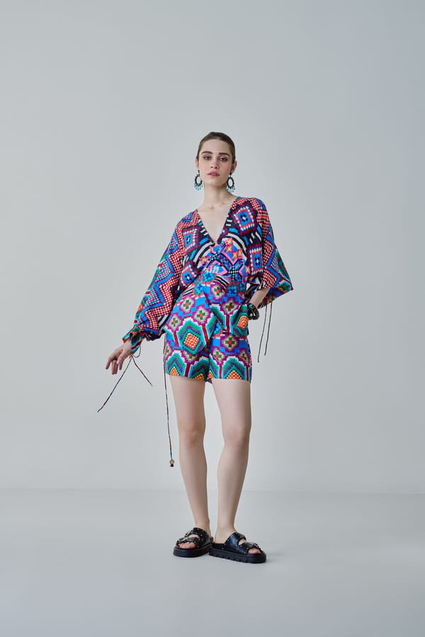 Blue/Multi Ikat-Inspired Geometric Print High-Rise Satin Shorts — Saaksha and Kinni