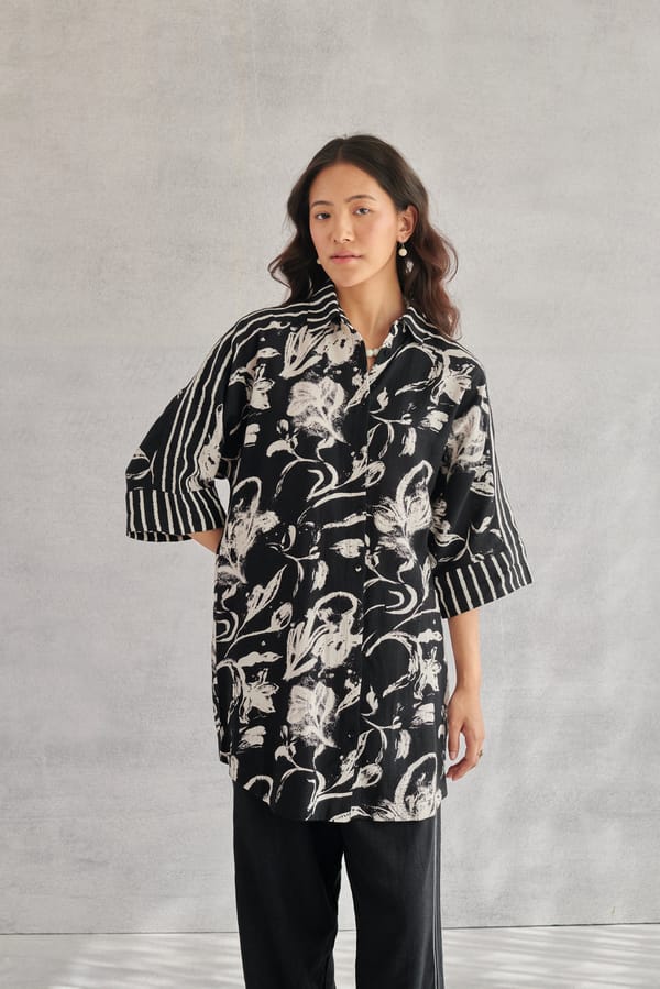Black Longline Floral Printed Button-Down Shirt — ROHO