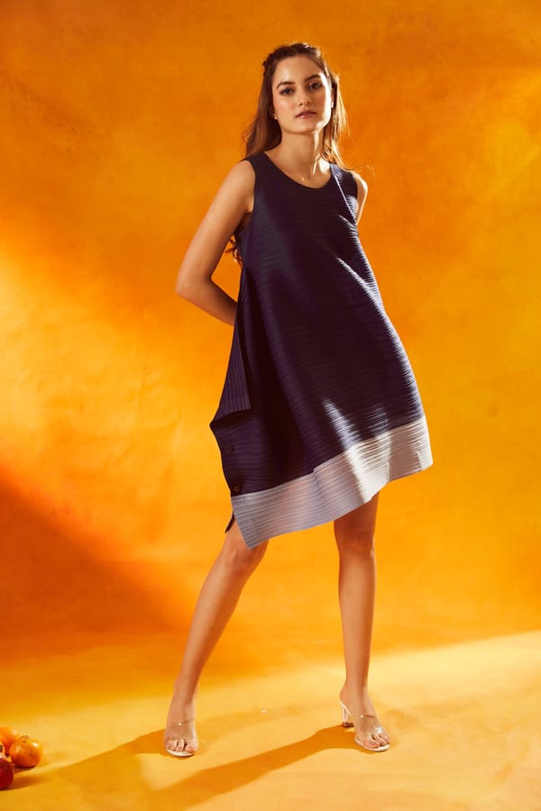 Sapphire Blue Pleated A-Line Mini Sundress — TASUVURE