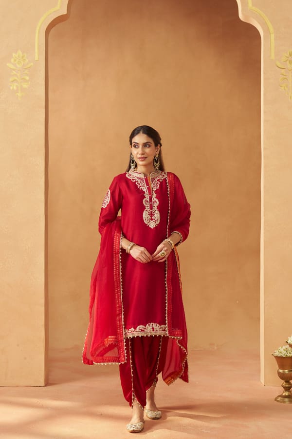 Aabisah- Deep Red Embroidered Kurta With Dhoti With Dupatta — Sheetal Batra
