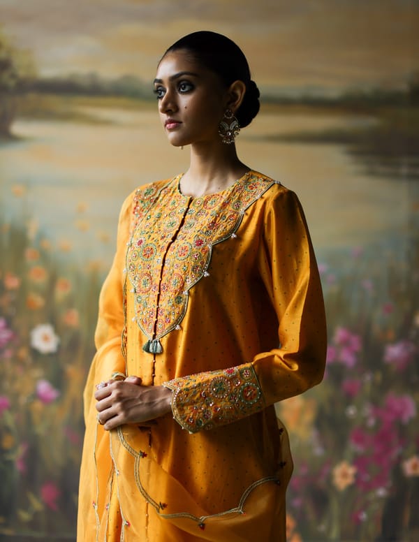 Turmeric Silk Chanderi Embroidered Kurta Set with Dupatta — Shikha Mehta