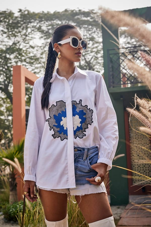 The Azure Bloom Embroidered White Shirt — Puja Agarwal