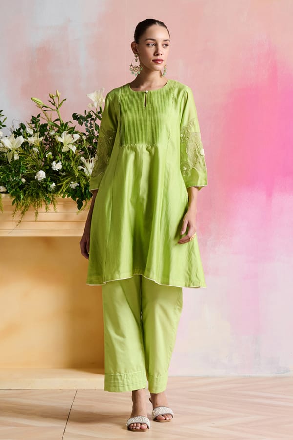 Pastel Green Chanderi A-Line Kurta Set with Embroidered Sleeves — NIRVAIR CLOTHING