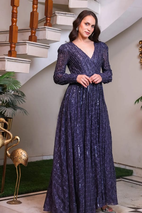 Navy Deep V Pleated Sequin Gown — EDITION II