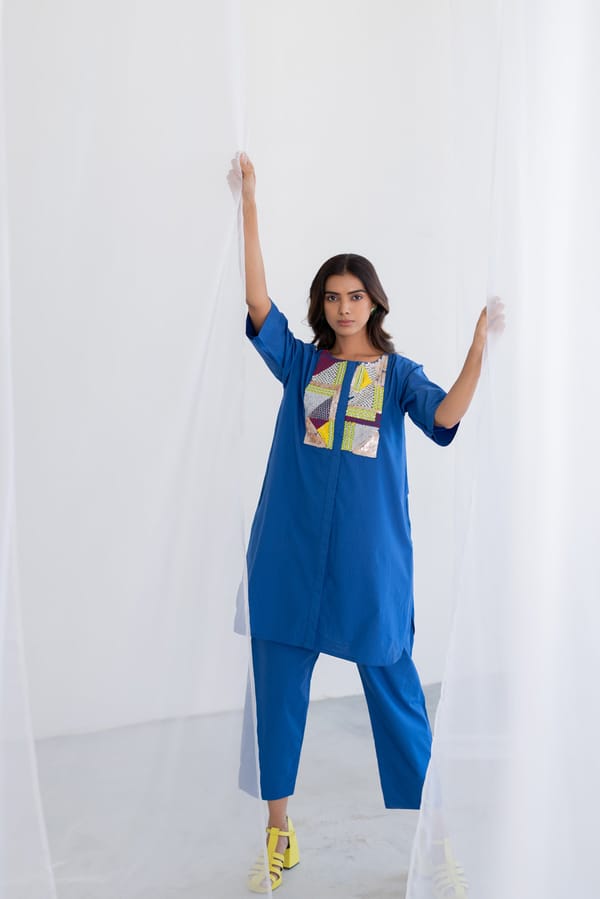 Blue Cotton Poplin Embellished Co-ord Set — Silai studio