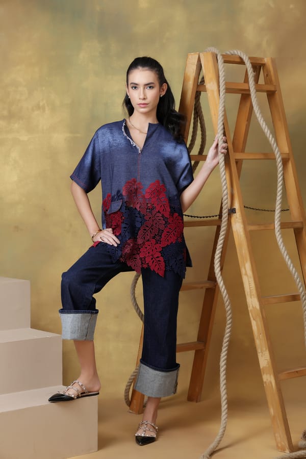 Dark Denim Oversized Top with Burgundy Lace Panel — Rhe-Ana