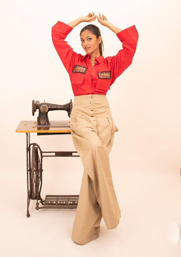 Red Cotton Shirt with Embroidery on Pockets — Richa Goenka
