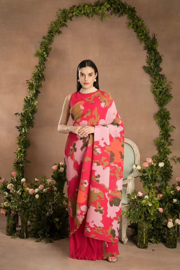 Pink Pre-Draped Pleated Saree with Abstract Digital Print — PREETI MEHTA