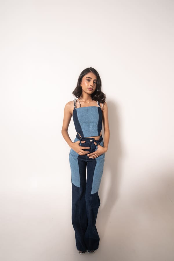 High-Rise Two-Tone Patchwork Bootcut Jeans — MAGIA