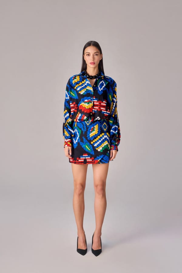 Aztec Print Shirt and Mini Skort Co-ord Set (Blue/Multi) — Saaksha and Kinni