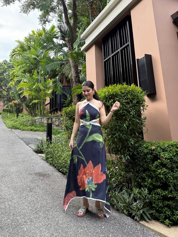 Navy Floral Halter Neck Cut-Out Midi Dress — GAIMA LABEL