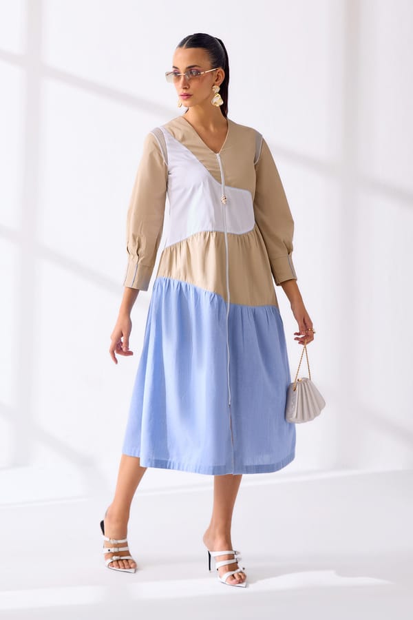 White, Ecru & Blue Colorblock Zip-Front Midi Dress — Our Love