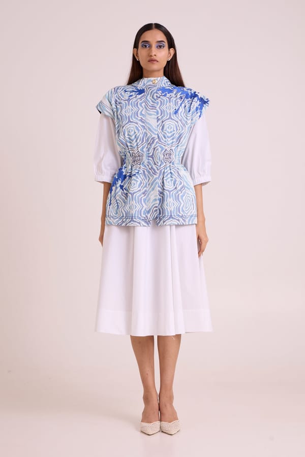 Ivory and Blue Abstract Print Midi Dress Set — Madder Much