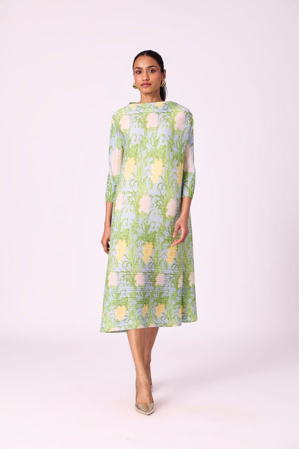 Light Blue Pleated Floral Midi Dress with Belt — Scarlet Sage