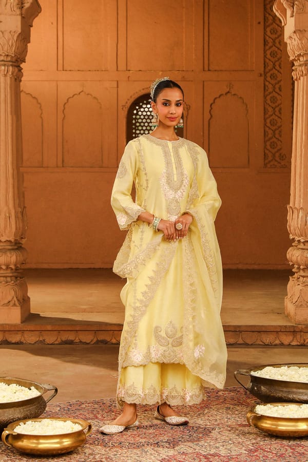 Lemon Yellow A-Line Embroidered Kurta Set With Dupatta — Sheetal Batra