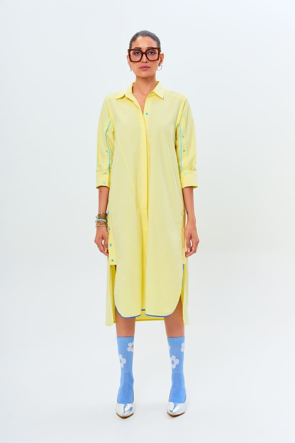 Pastel Yellow Cotton Midi Shirt Dress with Blue Piping — KOR