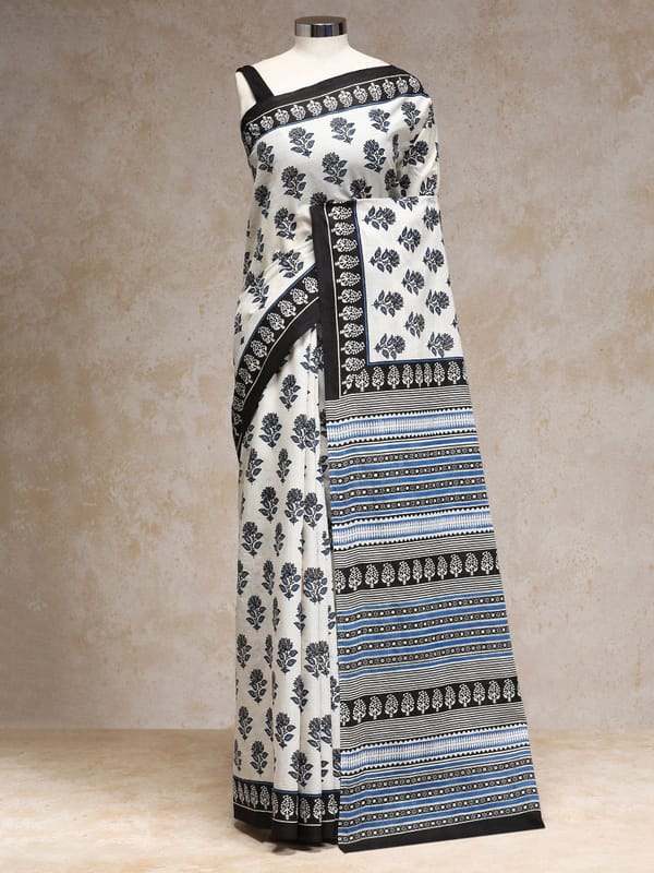 Blue White Handblock Printed Vanspati Mulmul Saree — BINKS