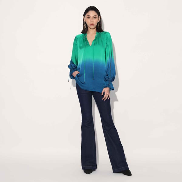 Blue/Green Ombre Viscose Satin Tie-Up Neck Longline Top — Linetribe