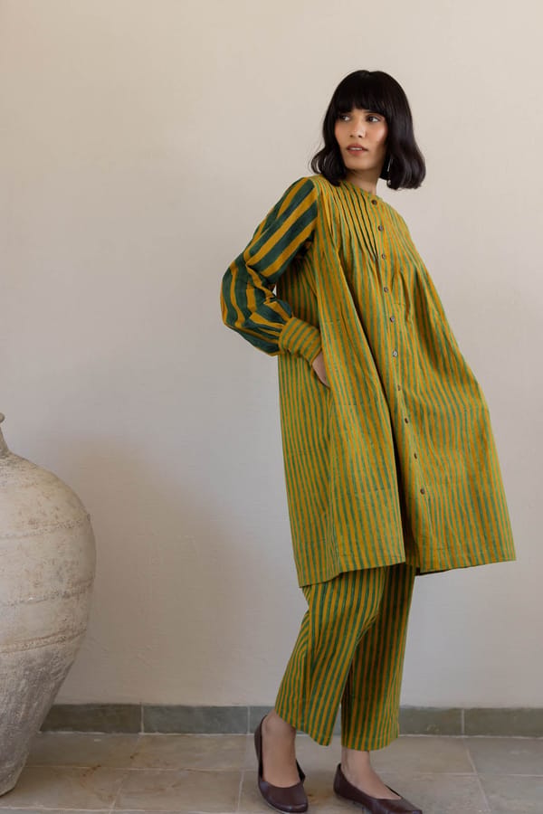 Moss Leaf Striped Cotton Tunic and Pant Co-ord Set — Vraj Bhoomi