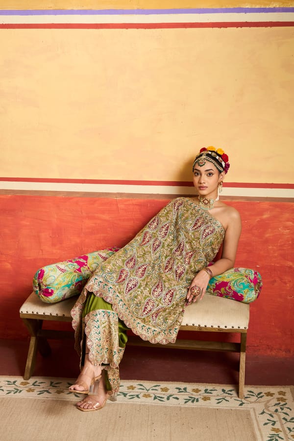 Mehendi Green One-Shoulder Cape and Pant Co-ord Set — TASUVURE