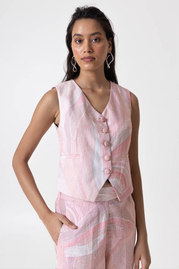 Pink Peach Printed Waistcoat and Trousers Co-ord Set — MOMENT BOMBAY