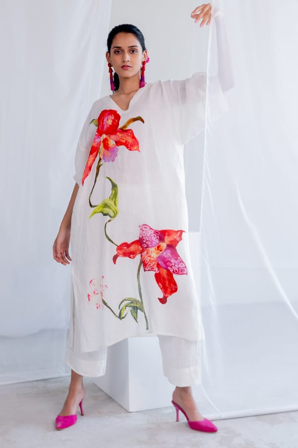 Off-White Linen Orchid Print Kurta Set — Silai studio