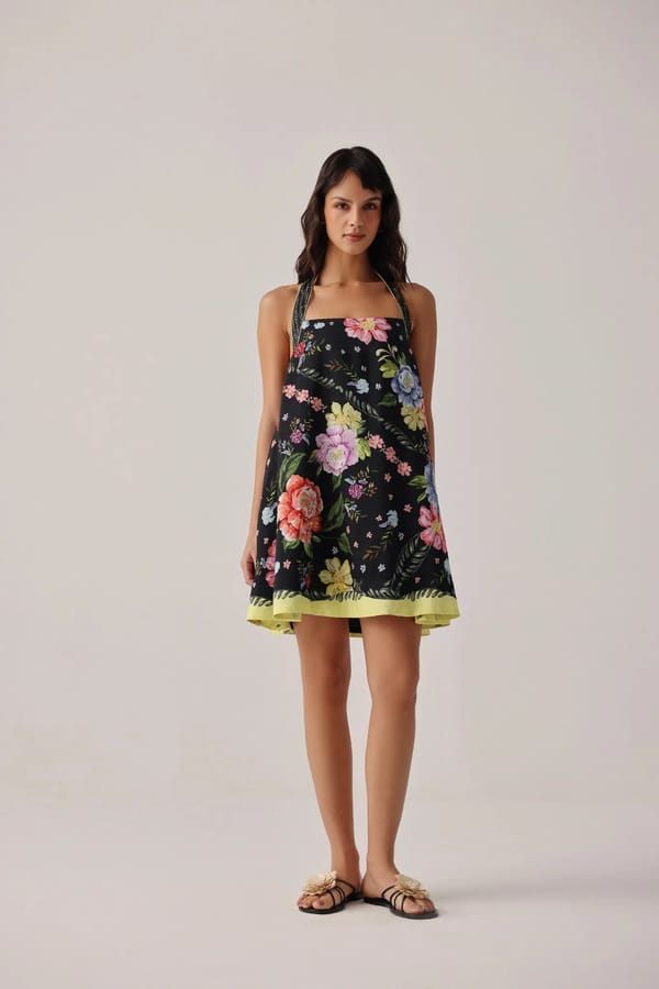 Bloom Floral Halter-Neck Mini Swing Dress — SHOP NOIB