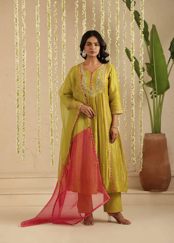 Mehendi Green Chanderi Anarkali Kurta Set with Dupatta — Gulabik