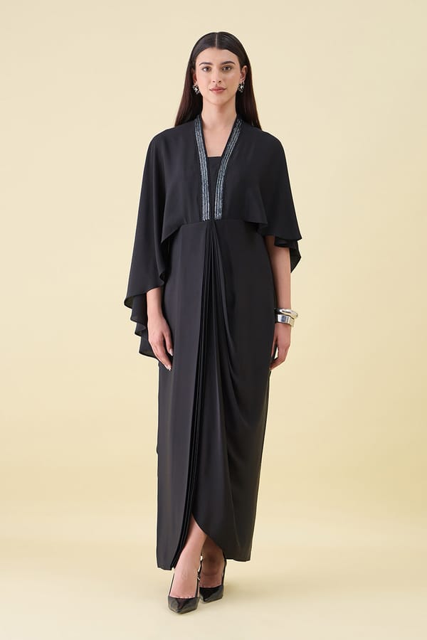 Noir Metal Embellished Cape Drape Dress — Aakaar