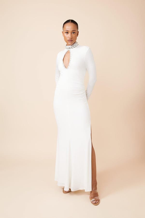 Ivory Embellished High-Neck Maxi Dress with Keyhole — KAREN MILLEN