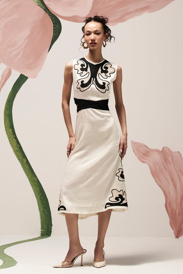 Cream/Black Linen Cutwork Embroidered Midi Dress — BOHO-CHIC