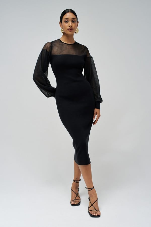 Black Bodycon Midi Dress with Sheer Mesh Yoke and Sleeves — SALSA JEANS