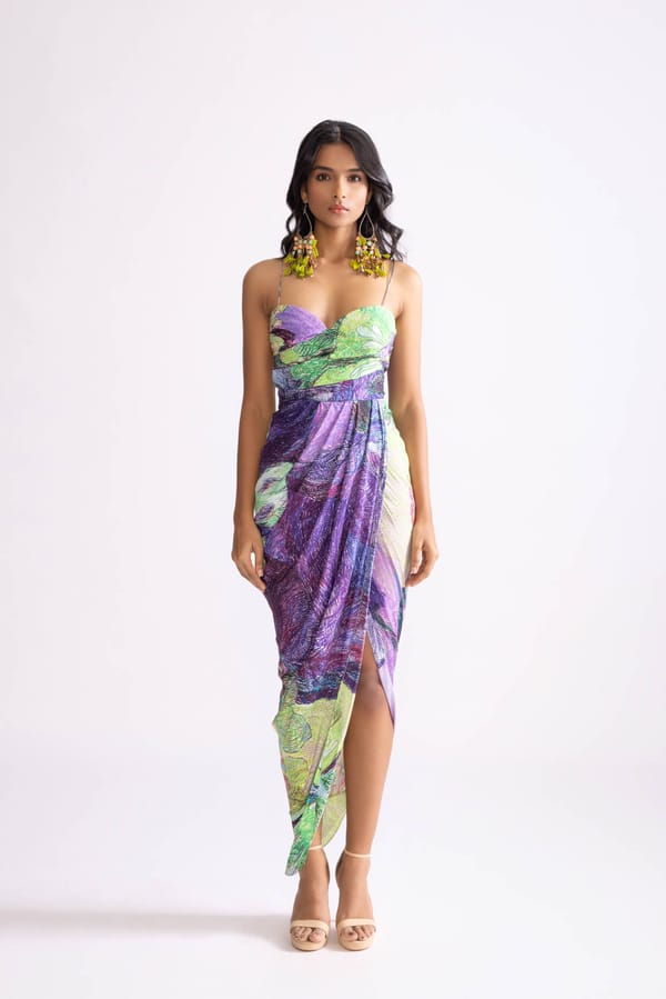 Green/Purple Daisy Print Draped Midi Dress — Saaksha and Kinni