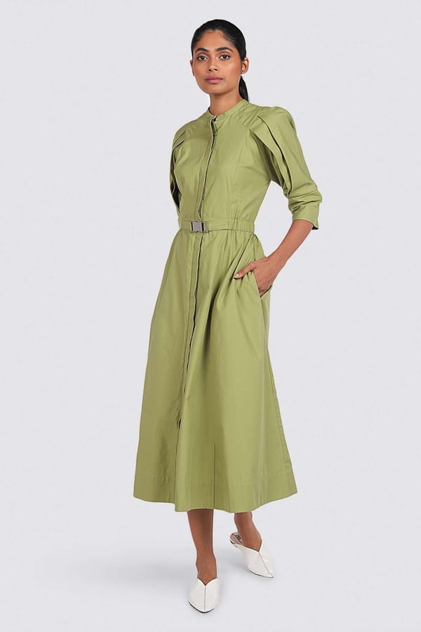 Pistachio Green Midi Shirt Dress with Pleated Sleeves — NOTEBOOK