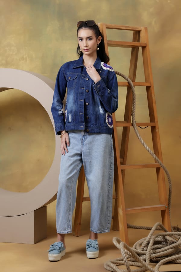 Medium Wash Denim Oversized Jacket with Crochet Appliqué — Rhe-Ana