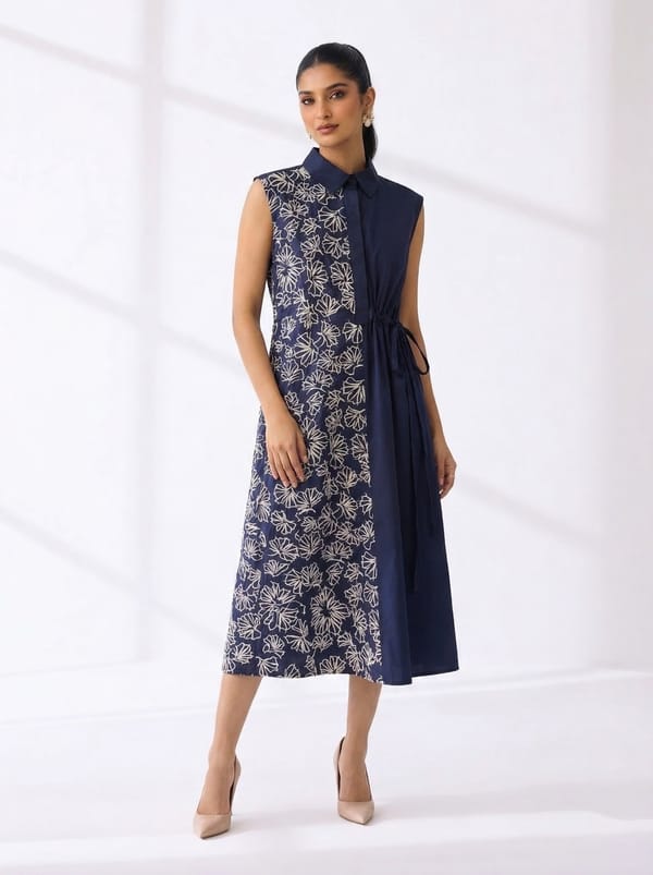 Navy Blue Panelled Midi Shirt Dress with Drawstring Waist — KIHIKI