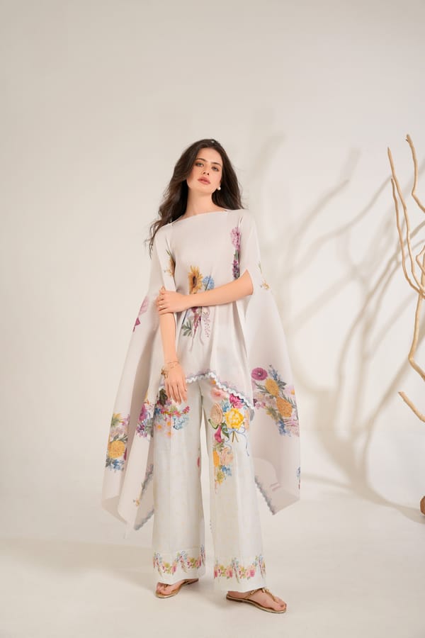 Ivory Pleated Floral Cape and Wide-Leg Trouser Co-ord Set — Moh India