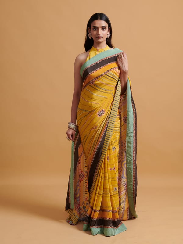 Yellow Printed Viscose Crepe Saree with Crystal-Edged Pallu — SAUNDH