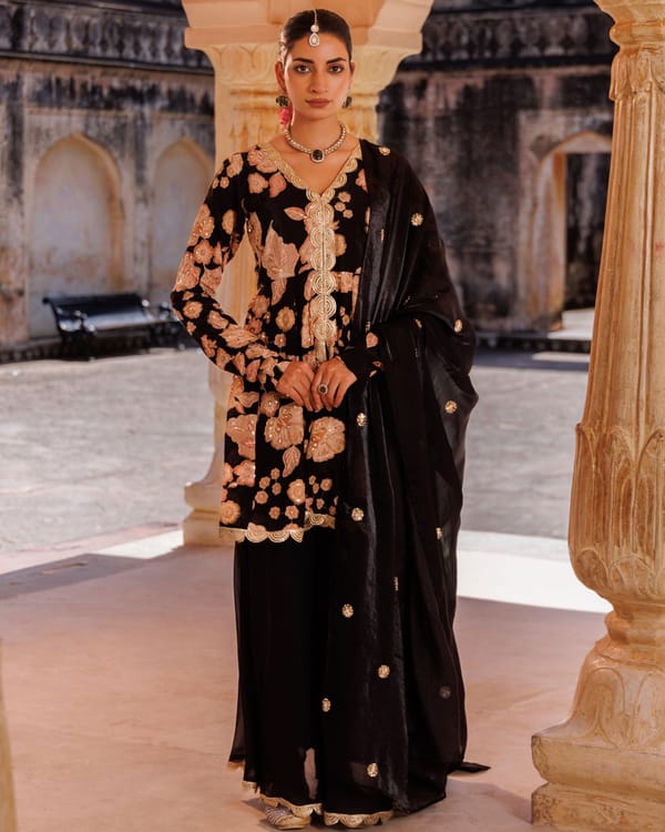 Black Printed Crepe Embroidered Sharara Set — Bannhi by Priyanka Rathore