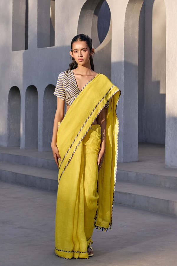 Sunflower Yellow Linen Saree with Contrast Border — YELL