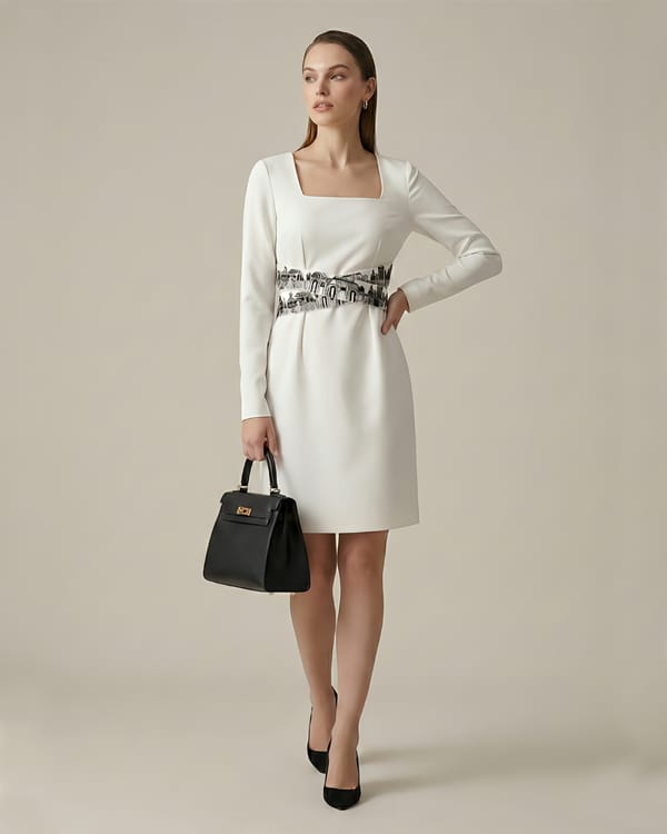 White Square Neck Sheath Dress with Waist Belt Detail — Orthodox