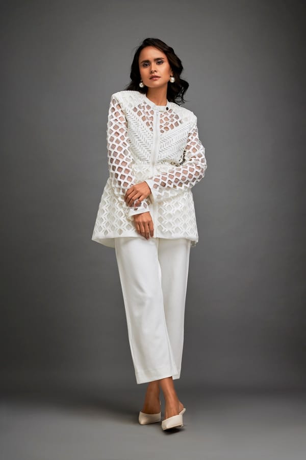 Cutout Jacket With Structured Zipper Closure And Metallic Silver Lining — Deepika Arora