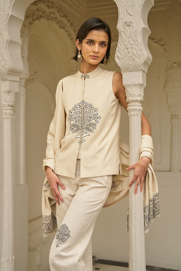 Beige Mandarin Collar Embroidered Sleeveless Top — Dash and Dot