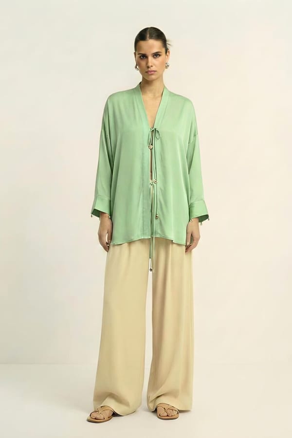 Ash Green Bemberg Silk Wrap Blouse with Tie-Up Front — Neora