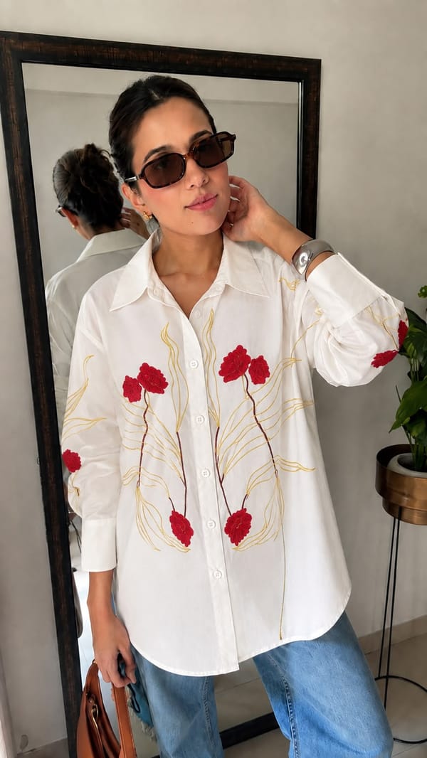 Floral Embroidered Oversized Cotton Shirt — CLOSET AFFAIR